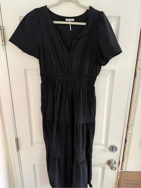 Joie Black V-Neck Smocked-Waist Midi Dress